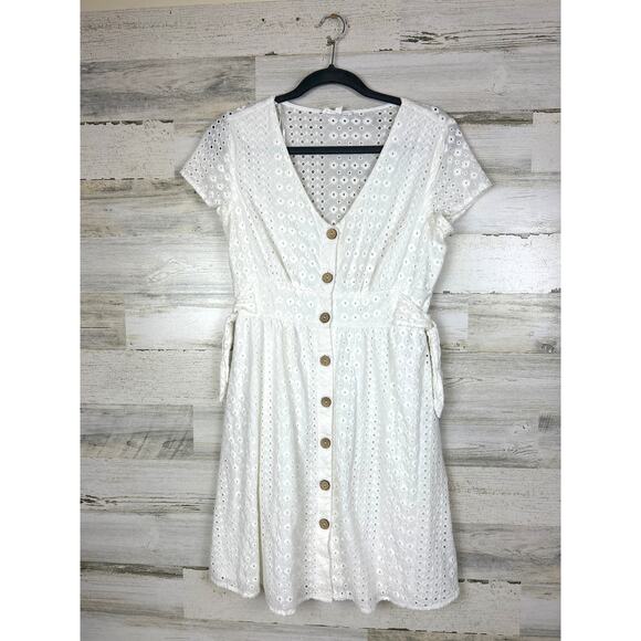 June & Hudson Women’s M White Eyelet Lace Button Front Tie Waist Mini Dress - Picture 3 of 7